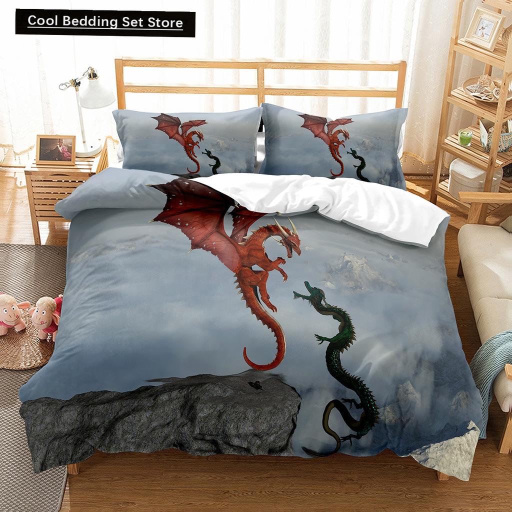 Funda Nórdica de Dibujos Animados Rey Dragón Reina Niños Niños Juego de Cama Animal Encantadora Criatura Mágica Funda de Edredón Poliéster Funda de Edredón