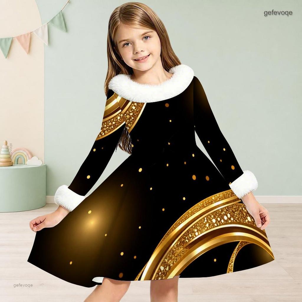 Girls Long Sleeve White Fuzzy Trim Black Gold Green Printed A Line Flared Dress