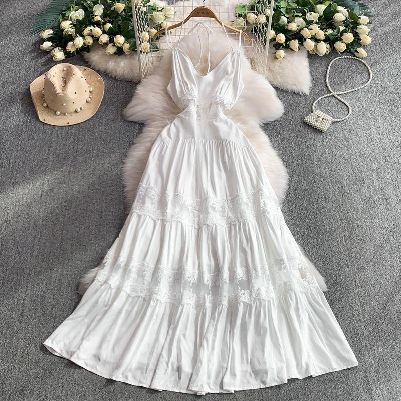 

Holiday Style Sexy Backless V-neck Hanging Neck Dress Women Summer Waist Hugging Slimming Lace Stitching Frill Long dress White S