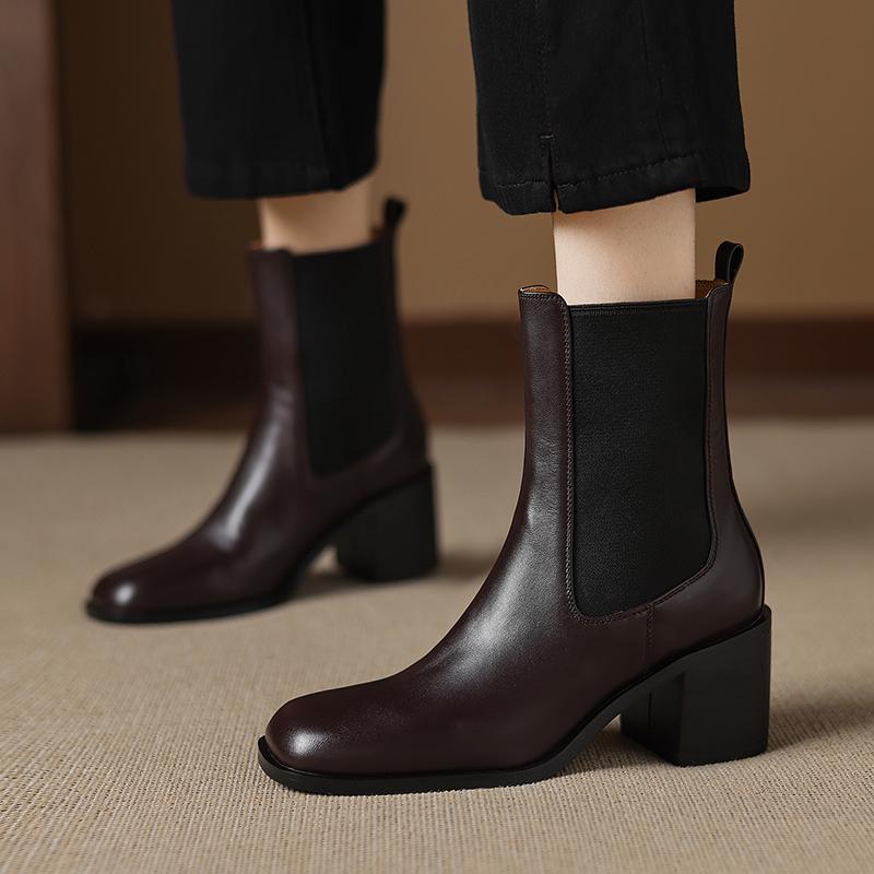 Fashion NEW Autumn Women Boots Square Toe Chunky Heel Shoes Genuine Leather Shoes for Women Short Modern Boots Daily Shoes Slip-on Boots