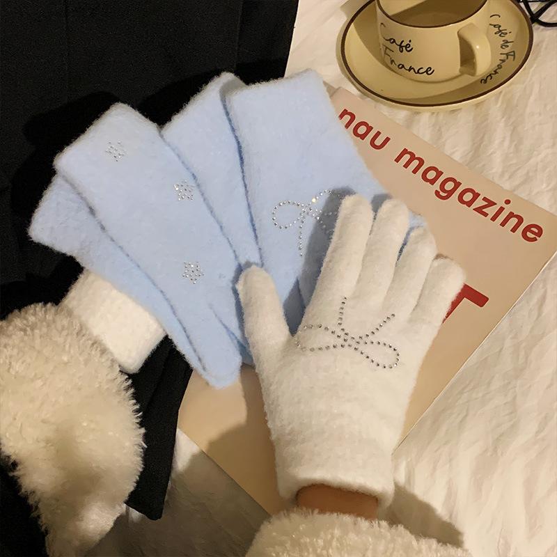 Cute Water Diamond Rabbit Finger Plush Gloves for Girls Thickened In Autumn and Winter To Keep Warm  Student Outdoor Cycling Trend