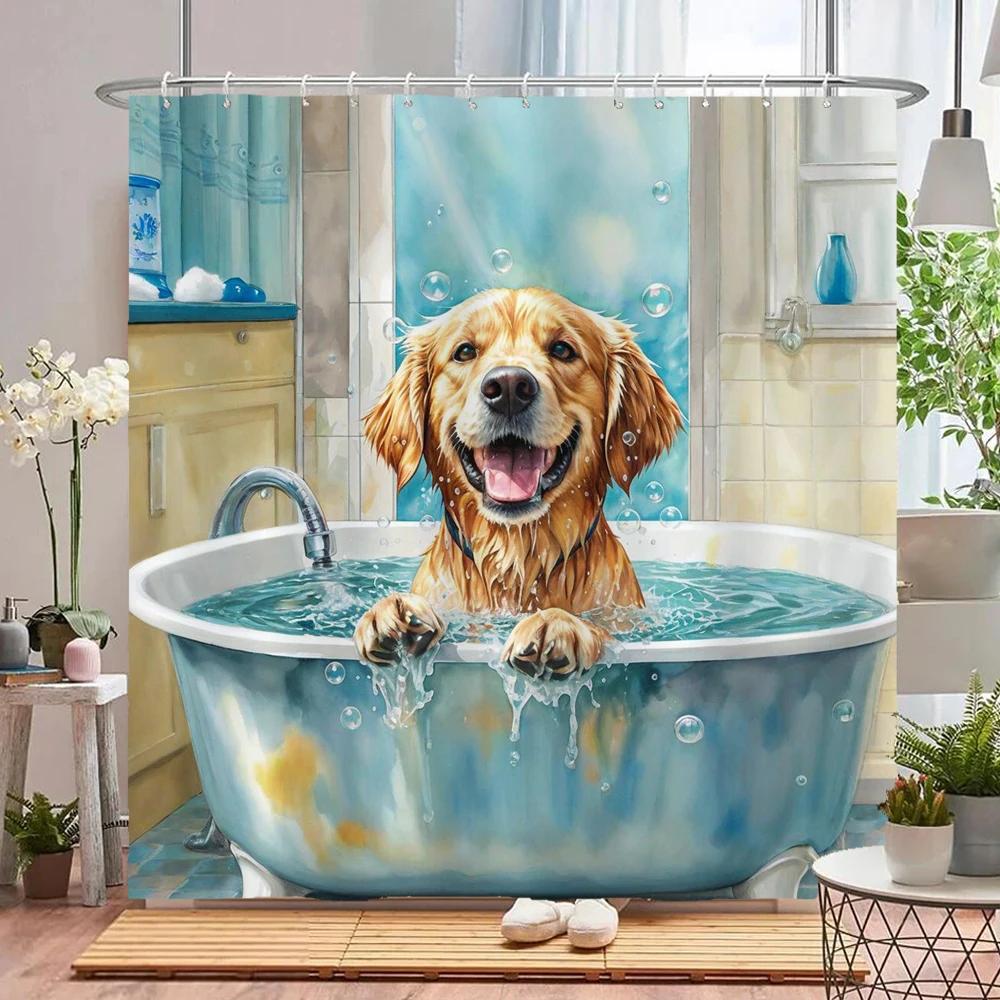 Funny Bathing Cat and Dog Shower Curtain Waterproof Bathroom Curtain Creative and Interesting Partition Bath Curtain with Hooks