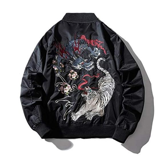 East Rain Black Dragon and Tiger Sukajan Thick Embroidered Motorcycle Jacket with Japanese FUN208 Men s Jacket, Pattern, Padded,