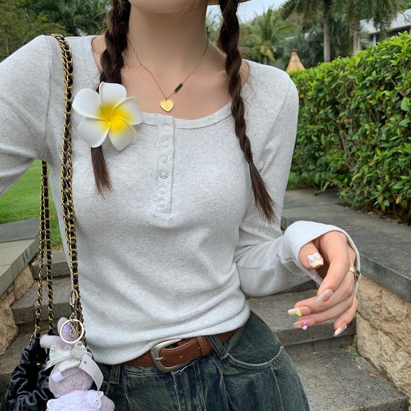 

Футболка с длинным рукавом на правом плече для женщин, весна и осень, новая серая рубашка с круглым вырезом и низким воротником из чистого хлопка, весенний топ L