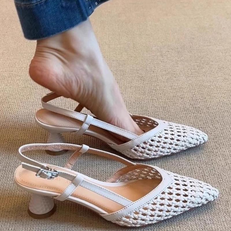 French Square-toed Woven High-heeled Sandals 2025 Summer Shoes Skeletonized Fashionable Leather Fabric Mid-heel Women Sandals