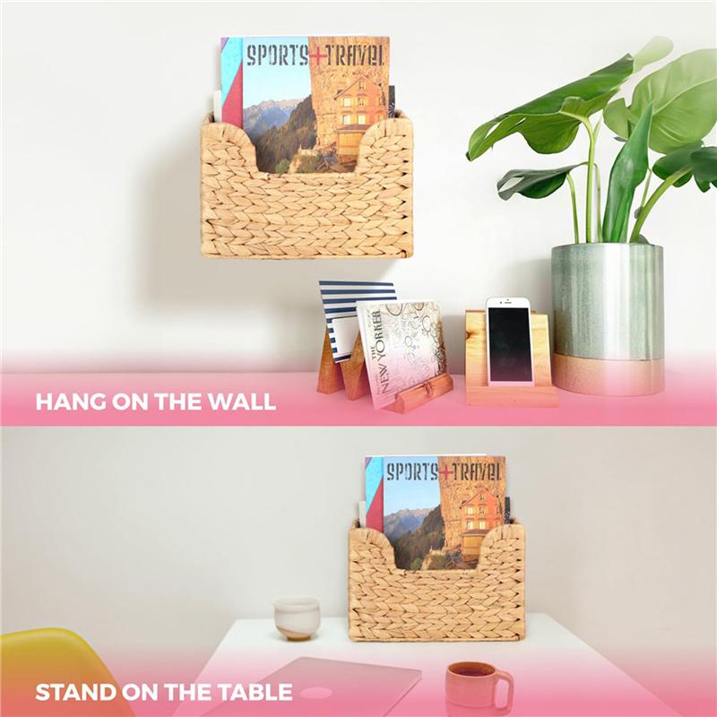 2X Handwoven Water Hyacinth Wall Magazine Holder - Hanging Organizer For Mail, Newspapers & Magazines, Boho Basket