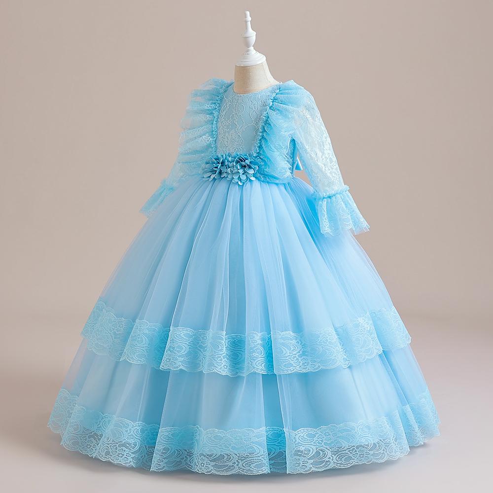 Flauschige Mädchen-Partykleider, weiße Spitze, Schleife, Bridemaid, Hochzeit, Prinzessin, Kinderkleid für Mädchen, halbe Ärmel, Geburtstagskleid, Kostüm