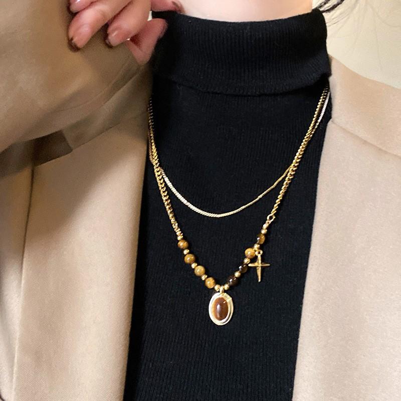 Maillard Tiger's Eye Stone Sun Pendant Necklace Retro Temperament Daily Commuter Collarbone Chain Light Luxury Niche Necklace Women