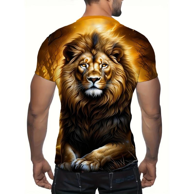 3D Majestic Lion Printed T-Shirt for Men Cool Animal Portrait Short Sleeve Tees Trendy Casual Round Neck Summer Pullover Dark Red Streetwear Tops