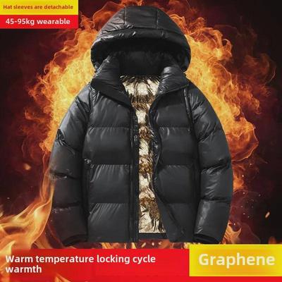 Men's Winter Graphene Cotton Jacket with Self-Heating and Detachable Hood, Thickened for Warmth - Black and Gold.