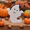 Cute Halloween Room Decor Ghost Wooden Table Sign, Spooky White Standing Modern Farmhouse Accents Block Sign for Holiday Tiered Tray Centerpiece,