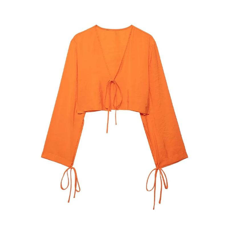 

Женская мода однотонная свободная футболка со шнуровкой и бантом, винтажная V-образная горловина, длинные рукава, женская шикарная женская блузка S оранжевый