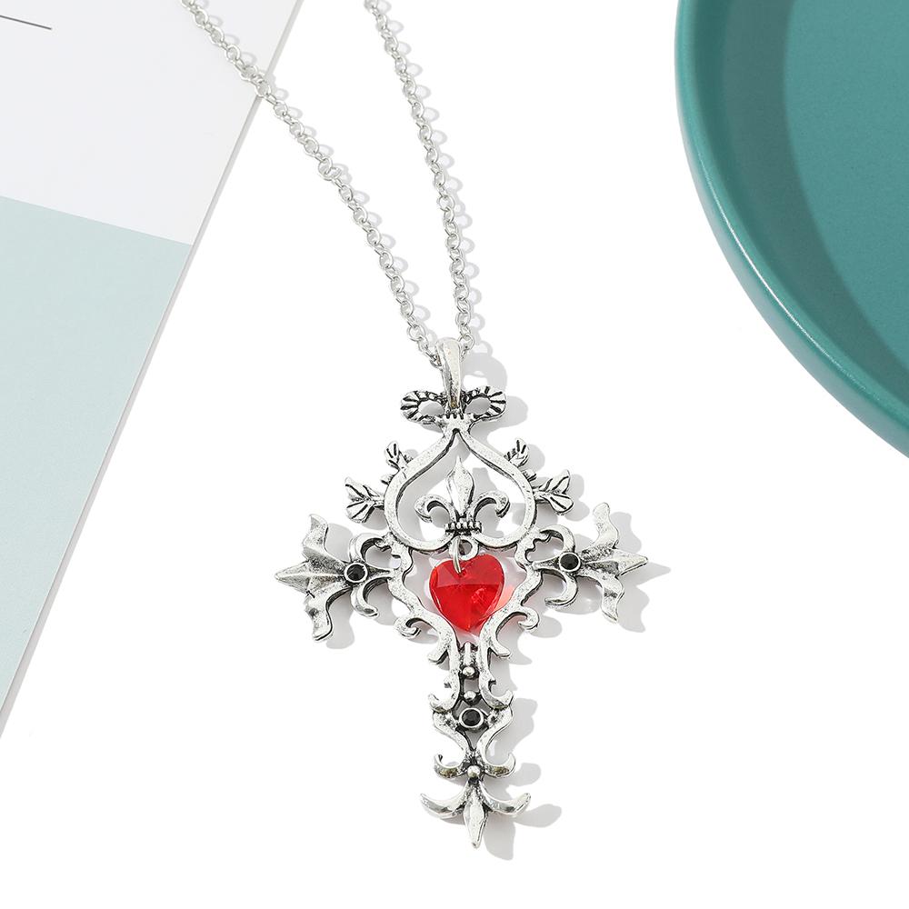 The Vampire Diaries Red Crystal Sacred Heart Cross Pendant Necklace Vintage Gothic Jewelry For Women Girls Gifts