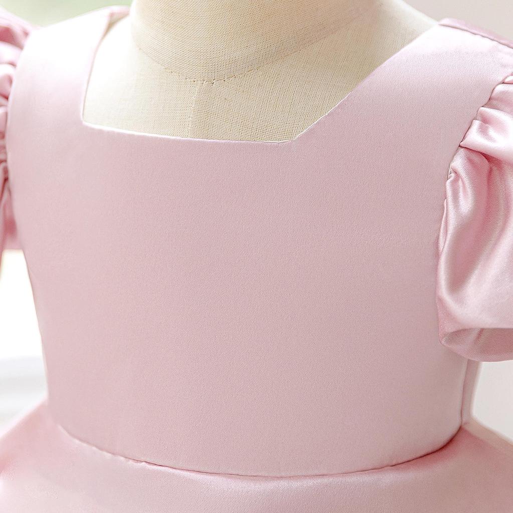 New Girls' Satin Puff Sleeve Princess Dress - Perfect for Birthdays, Weddings, and Special Occasions
