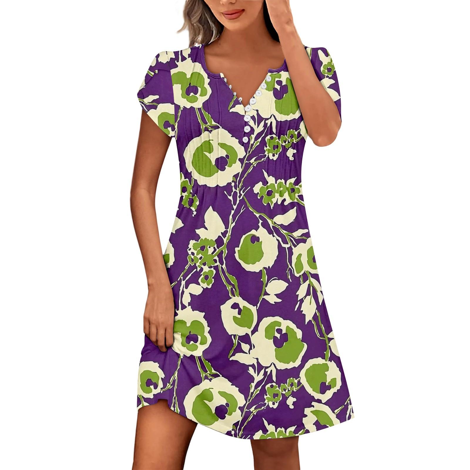 Women s Summer Button V-Neck Petal Sleeve Vintage Floral Bohemian Beach Dresses M