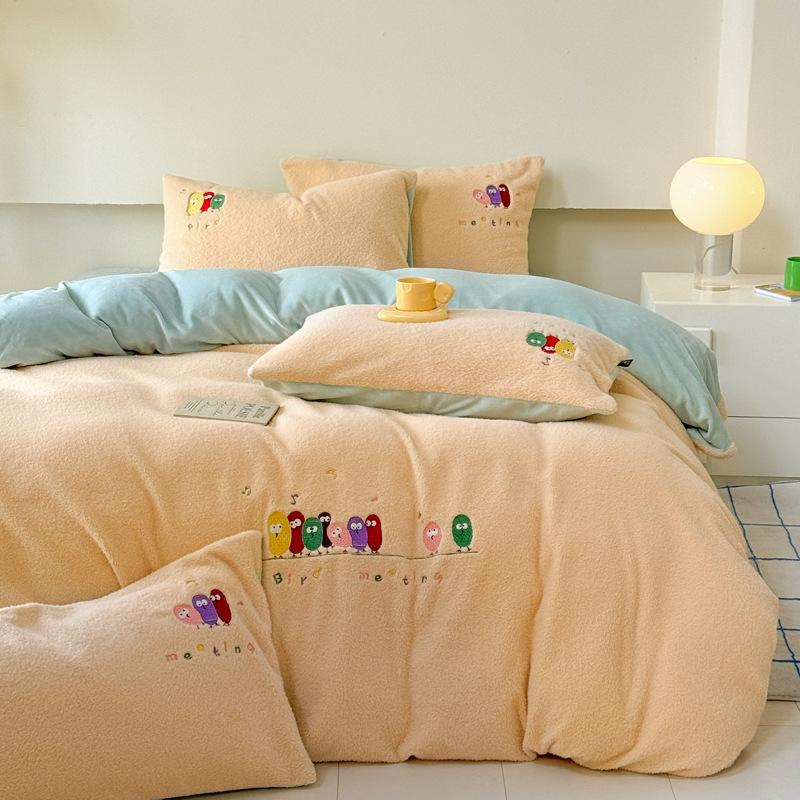 Thickened Imitation Cashmere Four-Piece Set Embroidered Milk Fleece Quilt Cover Coral Fleece Bedding Fleece Sheets
