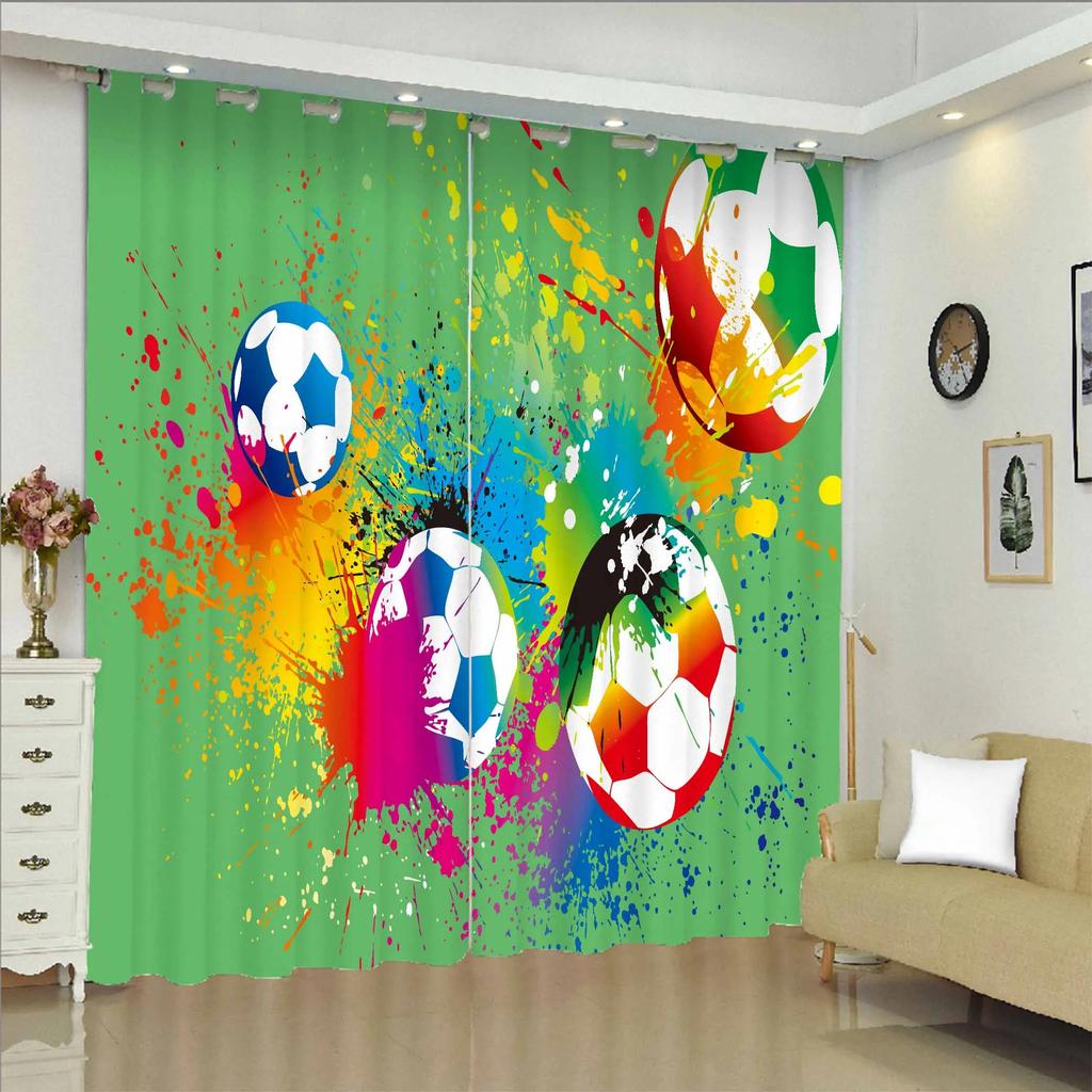 Boys Soccer Football Sports Theme Ball Pattern Drapes Ideal for Livingroom Space Kids Bedchamber Bathroom Kicthen Door Household Decoration 2Pc