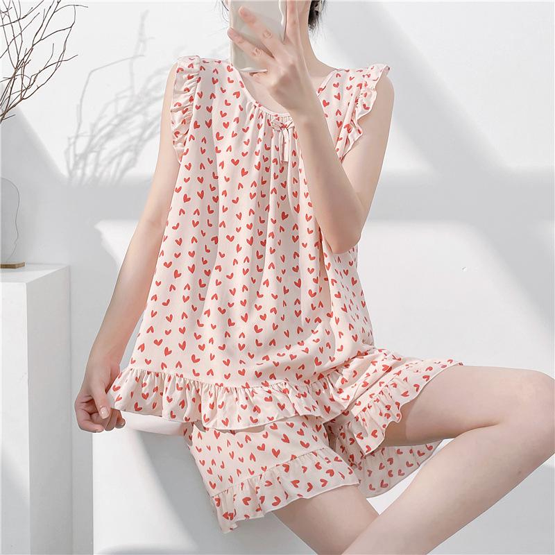 Pajamas Women's Summer Cotton and Silk Thin Suspender Sexy Cotton Silk Loungewear Sweet Shorts Two-piece Set Air Conditioning Clothing Summer