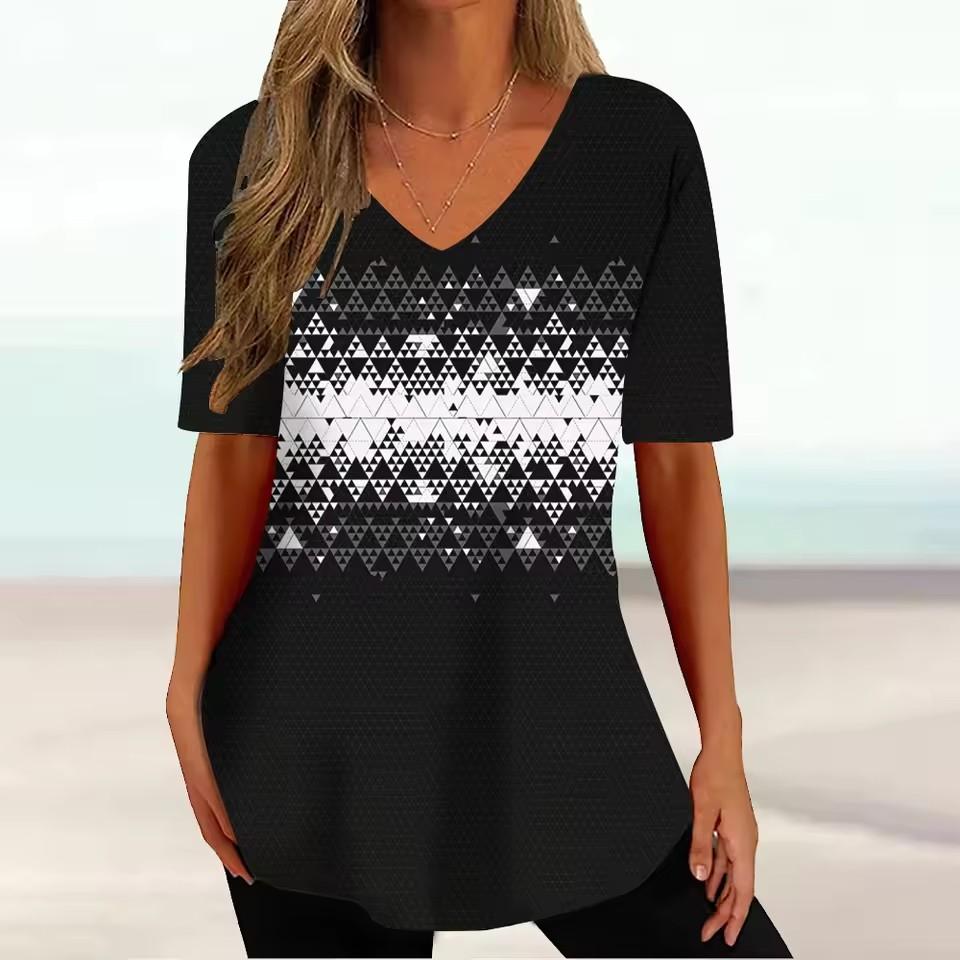 Vintage V-neck Women's T-shirt Summer Outdoor Casual Short Sleeve Tops Fashion Black Stripe Printing OverSize Clothing