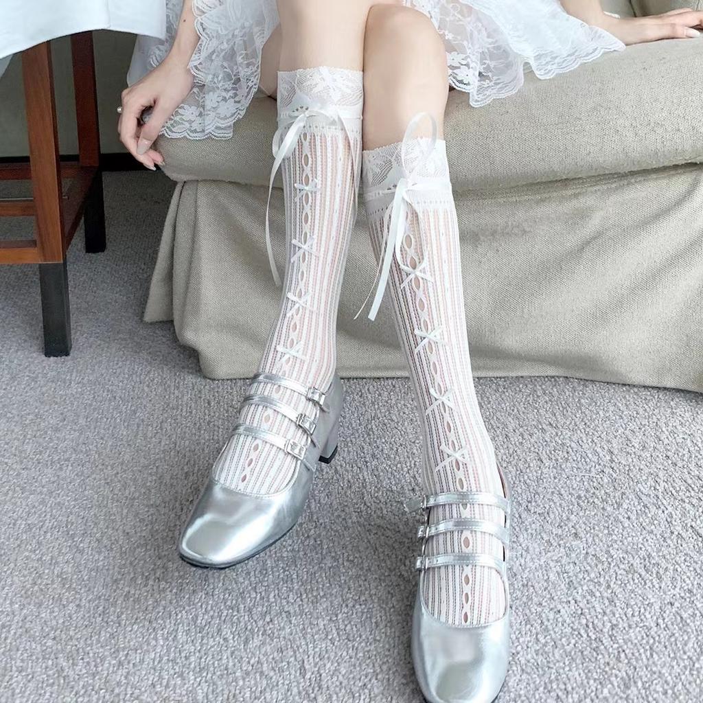 Hollow Beige Lace with Bow Mid-tube Socks Children's Summer Thin Straps Calves Stacked Mesh Socks Mary Jane
