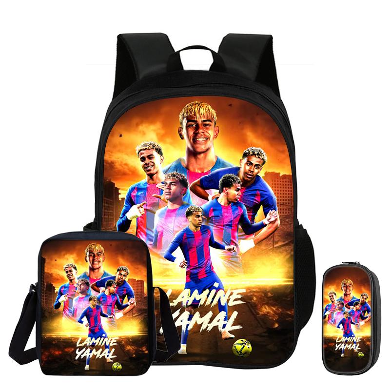 Sac à Dos Enfant L-Lamin Yamal Étoile de Football Set de 3 Pièces Sac à Dos d'École Trousse à Crayons Sac de Transport Scolaire avec Boîte à Lunch Sac à Dos de Sport Cadeau pour Enfants