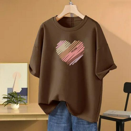 2026 Women's Korean Style Heart Print Slimming Loose Fit Mid-Length Short Sleeve Tee