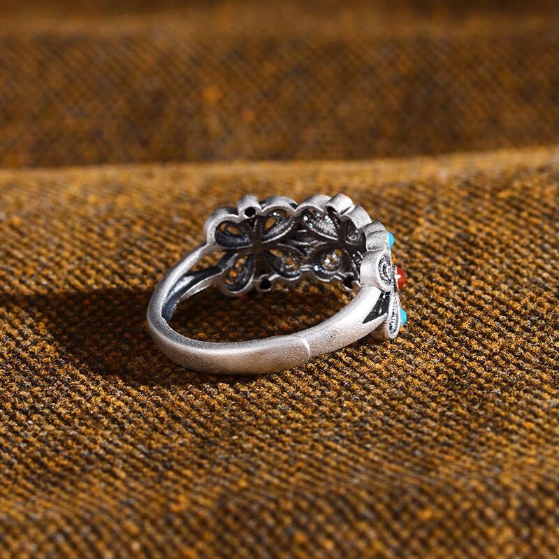 Adjustable Vintage Floral Filigree Enamel Ring Women Men Boho Lucky Clover Design Copper Alloy Band