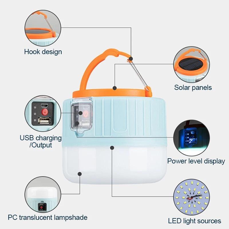2PCS přenosná vysoce výkonná LED svítilna Campingové vybavení Solární nabíjecí lucerna USB žárovka Camping Stan Lampa Osvětlení Vodotěsné