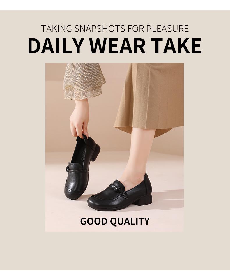 Women's Retro Low Heel Cowhide Shoes: Comfortable, Versatile, Non-Slip Soft Sole, Ideal for Commuting.