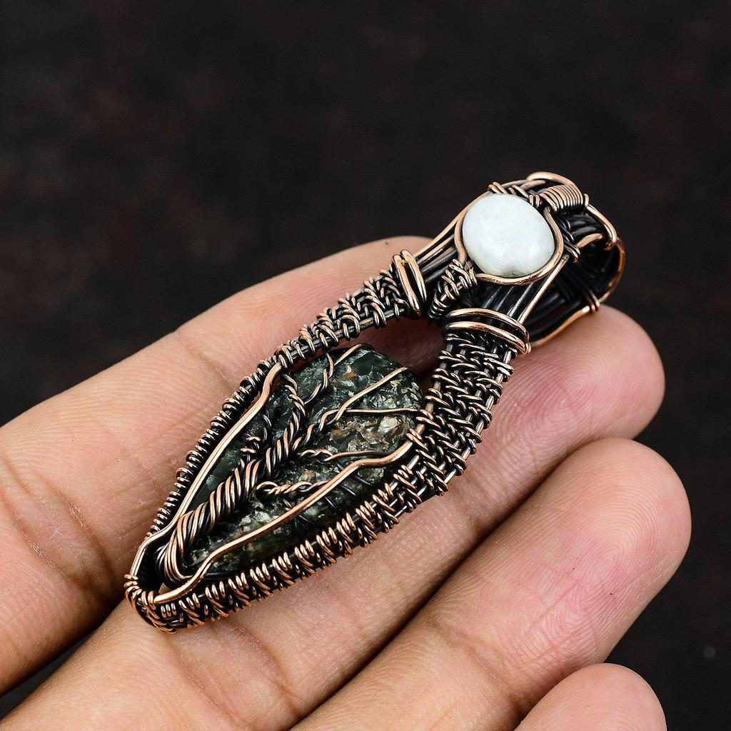 Lebensbaum Seraphinit Kupfer Anhänger Kupferdraht gewickelter Anhänger Edelsteinschmuck Regenbogenmondstein Anhänger Handgefertigter Schmuck Geschenk für Sie