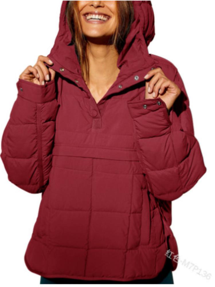 

Women s Quilted Hooded Puffer Jacket with Stand Collar, Zipper Pocket, Raglan Sleeves In Dark Green, Beige, Purple, Light Blue, Black L бордовий