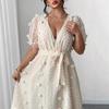 Plus Size Apricot V-neck Puff Sleeve Floral Chiffon Maxi Dress