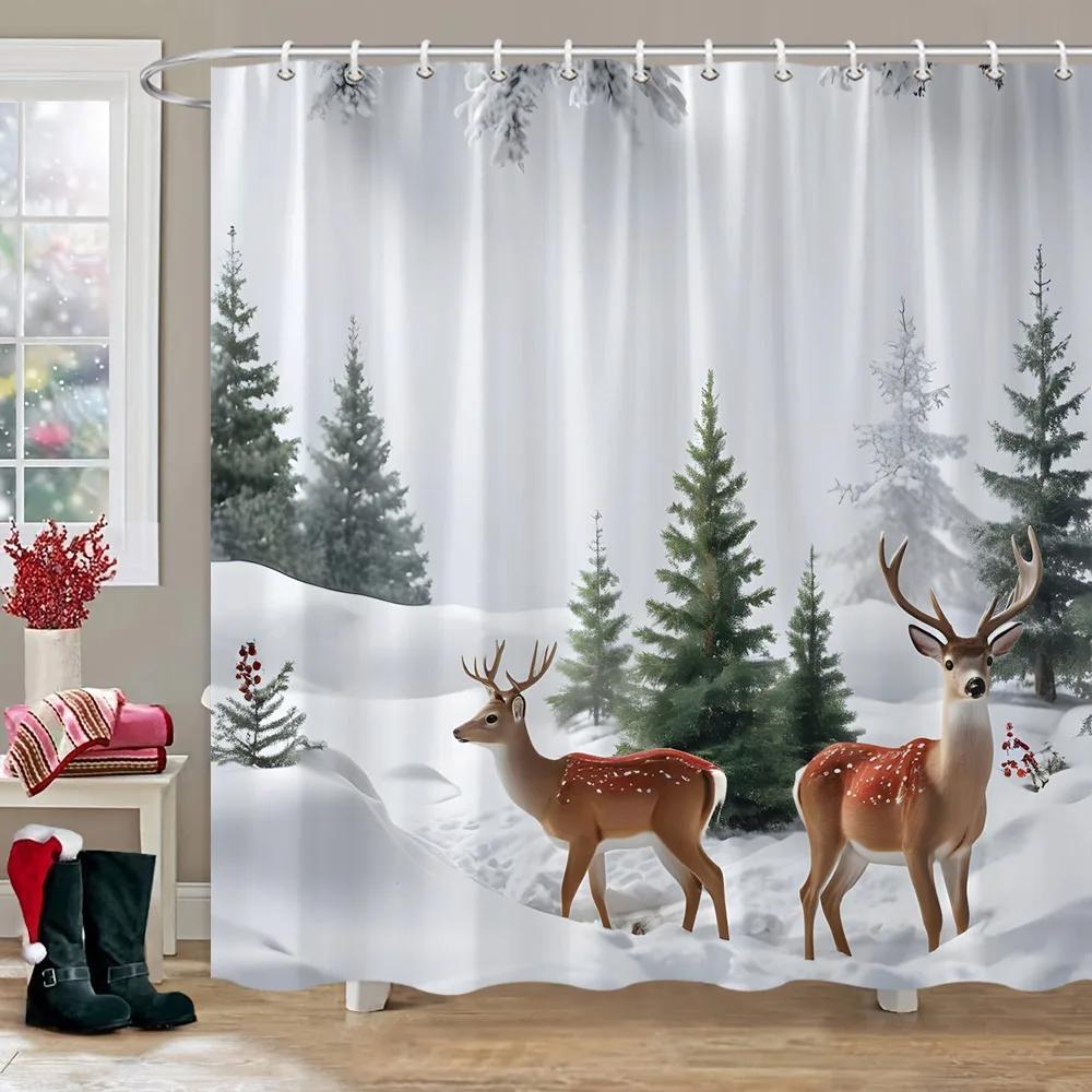 Winter Snow Forest Deer Shower Curtain Christmas Nature Landscape Christmas Gift Polyester Fabric Shower Curtains Bathroom Dec