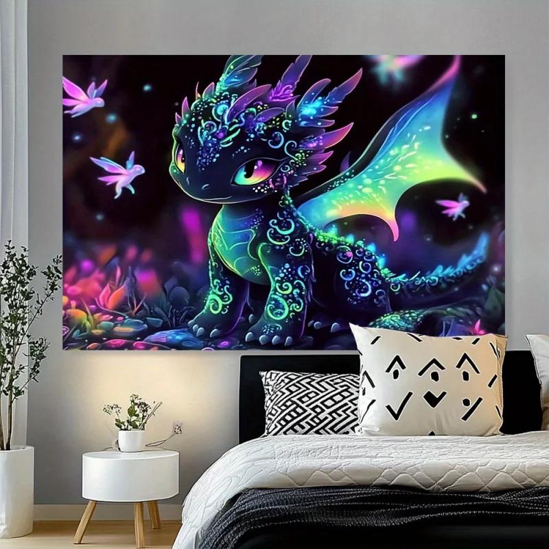 Fantasy Dragon Tapestry, Magical Glowing Baby Dragon with Fairies Wall Art for Aesthetic & Kids Room 100X70CM