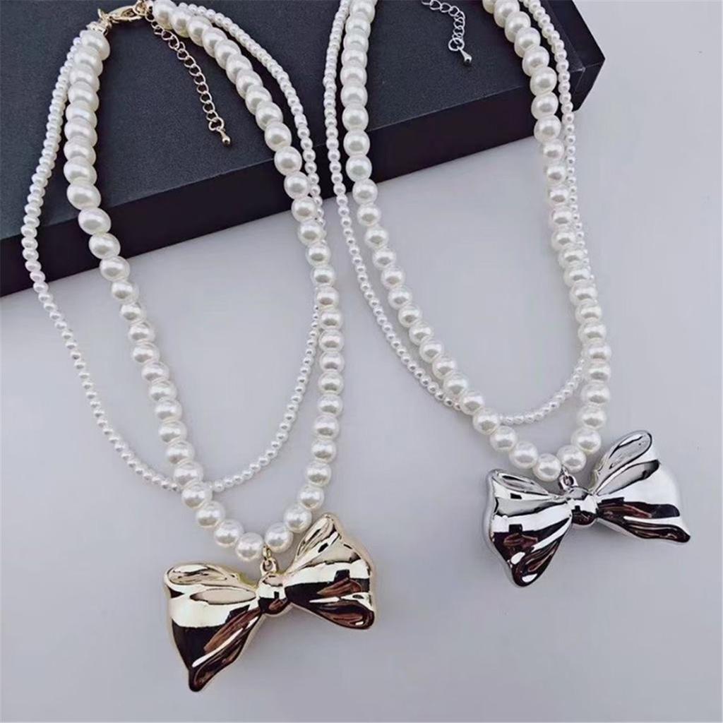 Tooxika French Retro Romantic Light Luxury Double Pearl Bow Necklace Niche Choker Collarbone Chain