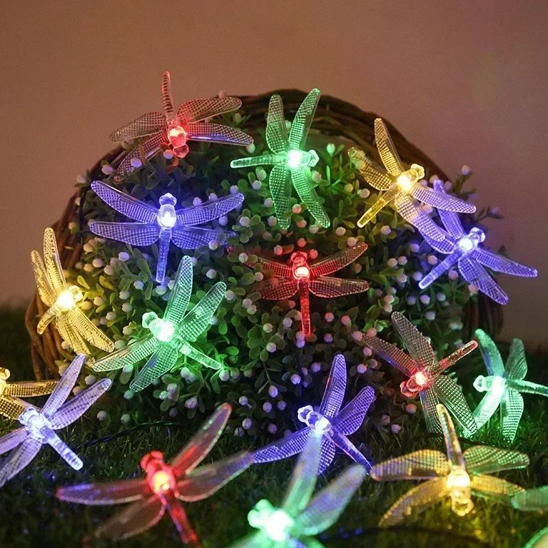 Colorful Dragonfly Solar String Lights Outdoor Waterproof Dragonfly Lights Festival Night Lamp Patio Garden Wedding Decoration