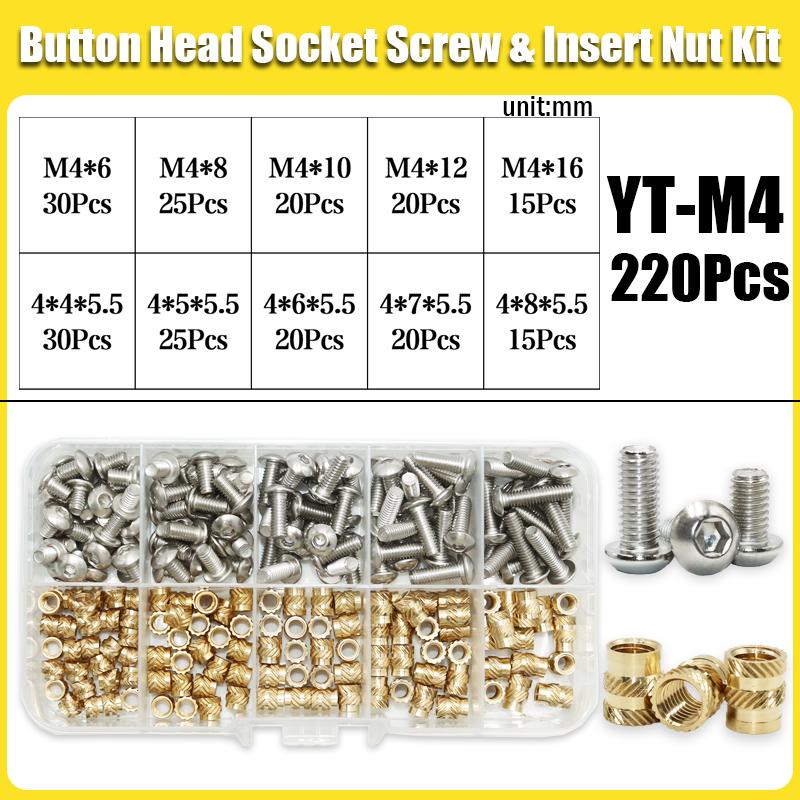Brass Heat Set Insert Nut Bolt Kit Thread Embedment Copper Nuts and 304 Stainless Steel Hex Socket Screw Hot Melt M2 M2.5 M3 M4