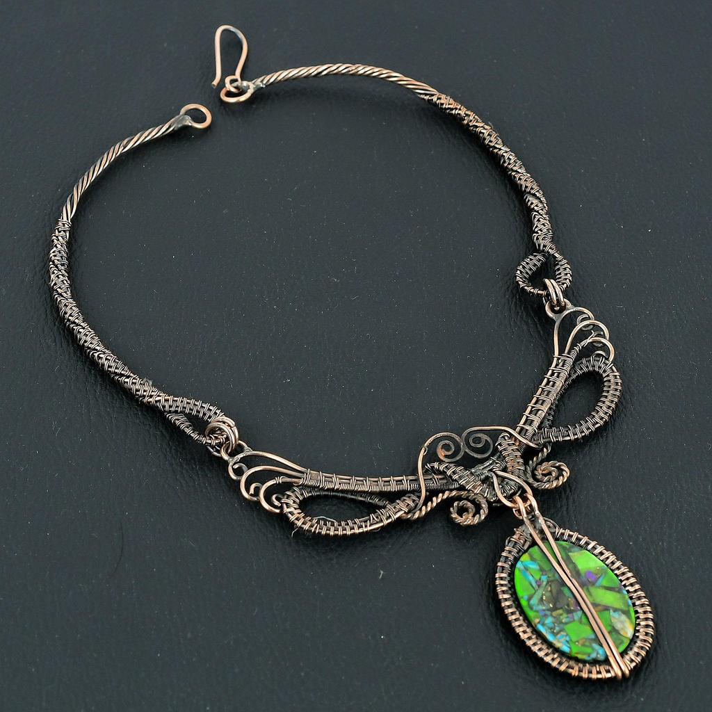 Kingman Fiesta Turquoise Handmade Gemstone Necklace, 999 Copper Wire Wrapped Necklace Antique Jewelry, For Engagement Gift
