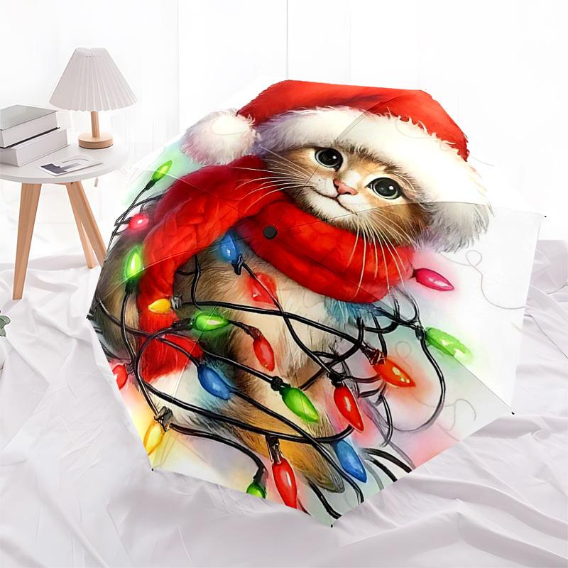 1 pièce Parapluie de Noël Chat Père Noël Ouverture/Fermeture Automatique, Cadeau Festif pour Fans, Voyageurs et Usage Quotidien, Design Pliable en 3 Parties Portable avec Armature en Fer.V056