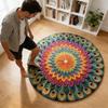 Pfauenfedern Bereichsteppich Rund Pfauenfeder Blume Rutschfeste Bodenmatte Dekorative Wohnzimmerteppich für Schlafzimmer Esszimmer