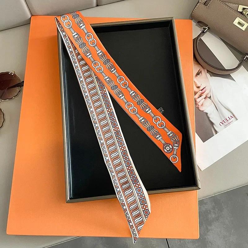 Silk Scarf Women Luxury Chain Print Bag Skinny Scarves Wraps Wrist Towel Foulards Neckerchief Headband Muslim Hijabs