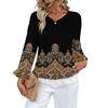 Women's Casual Fashion Ruffle V-Neck Pocket Retro Print Long Sleeve Top