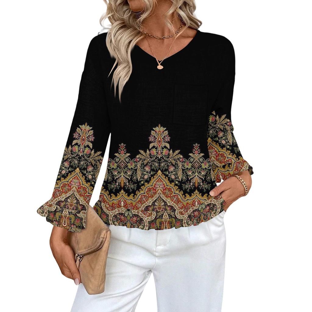 Women's Casual Fashion Ruffle V-Neck Pocket Retro Print Long Sleeve Top