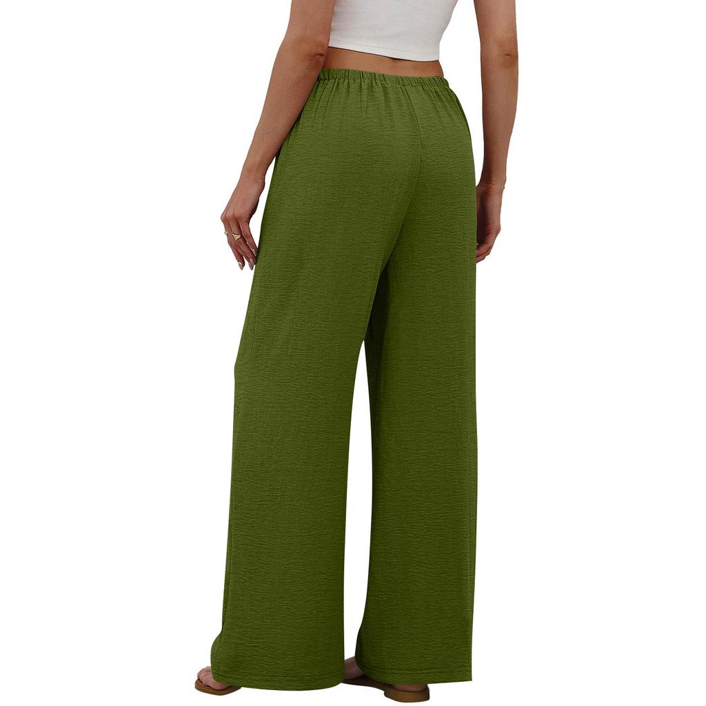 Women's Fashion Wide-Leg Trousers With Drawstring Elastic Waistband And Pockets Relaxed-Fit Casual Trousers