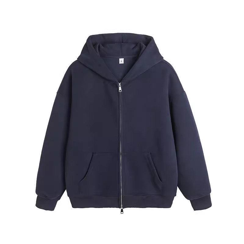 450g Fleece-Lined Drop Shoulder Pure Cotton Zipper Hoodie (No Hood, Large Fit, Double Zipper, Same Color Base, Trendy Brand)