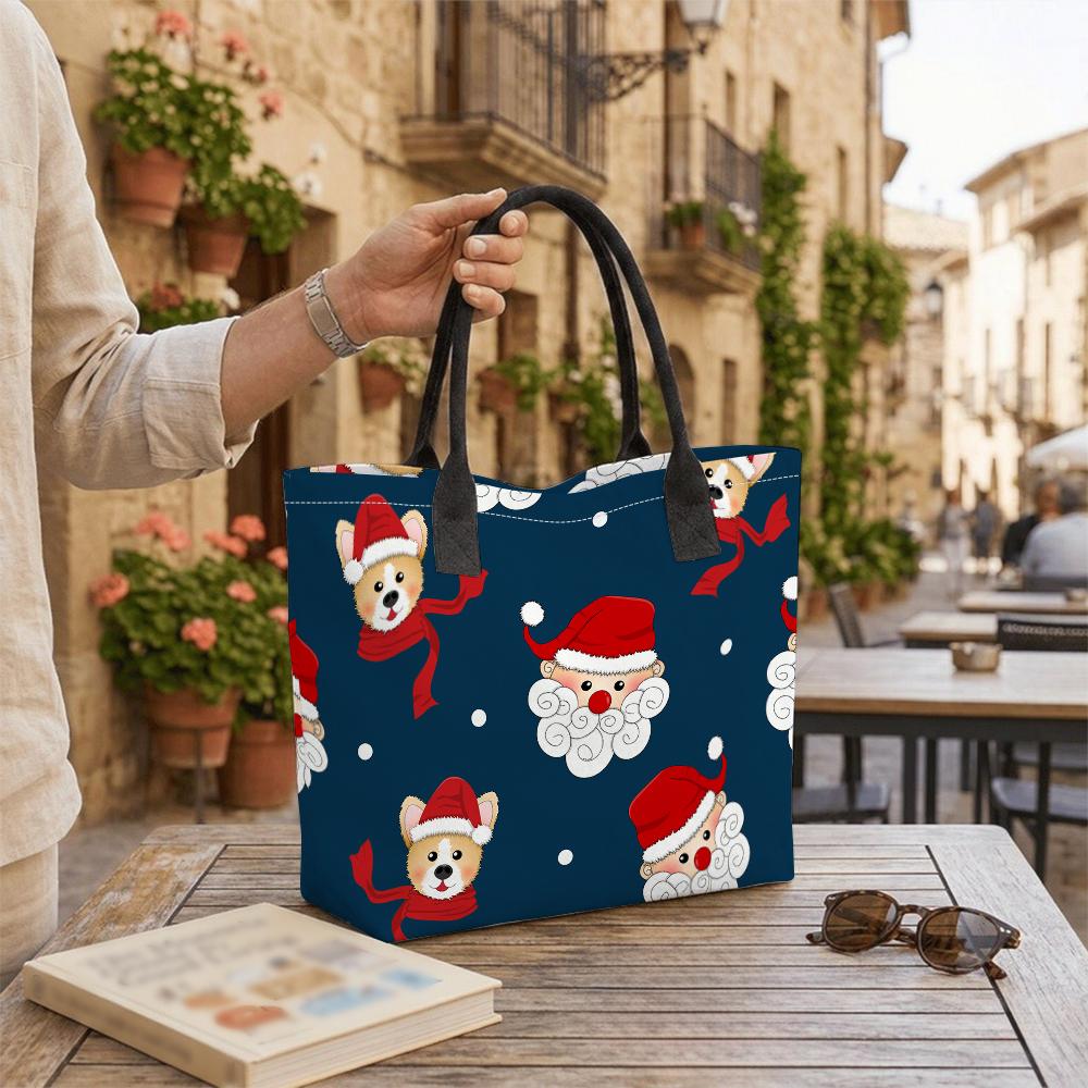 Christmas Dog Santa Printed Tote Bag Large Capacity Casual Handbag for Daily Use
