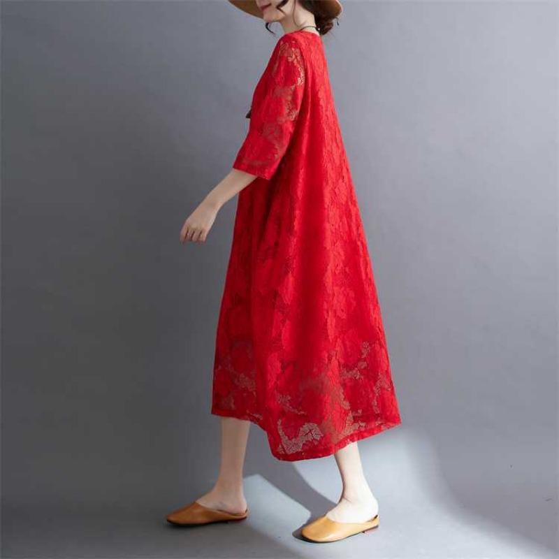 Summer Ethnic Style Lace Vintage Loose Dress Women Print Solid Color Round Neck Patchwork Pocket Long Sleeved Casual Versatile Dresses