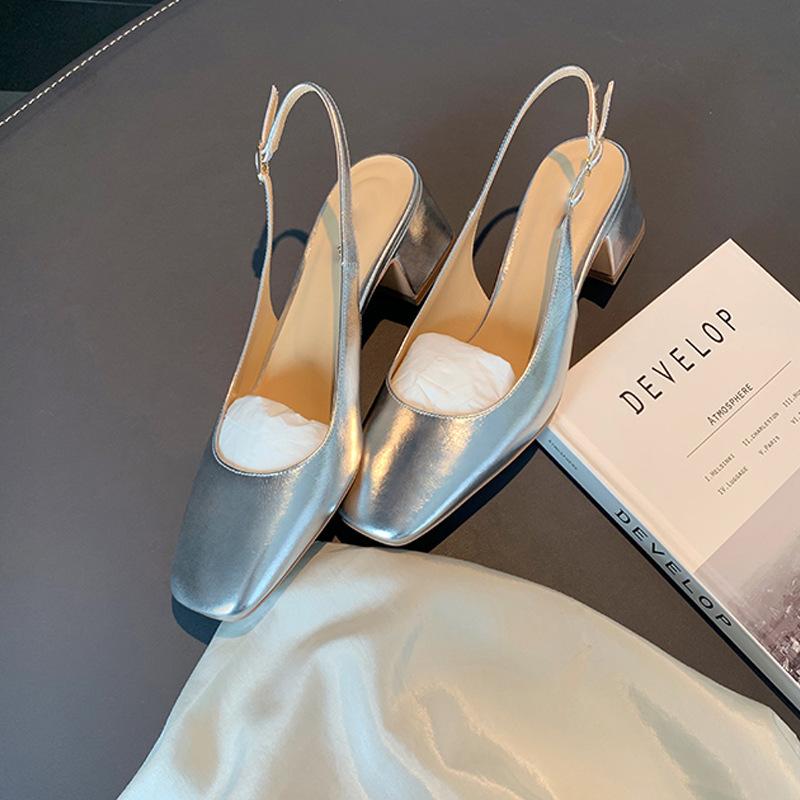 Cowhide version bag head sandals female 2025 new fairy style gentle square head leather medium high heel thick heel empty single shoes