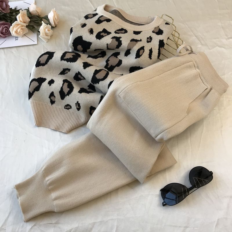 Damen Langarm Strickpullover mit Leopardenmuster, elastische Taille, Hosen-Set, modische Hose, zweiteiliges Kostüm-Outfit One Size apricot