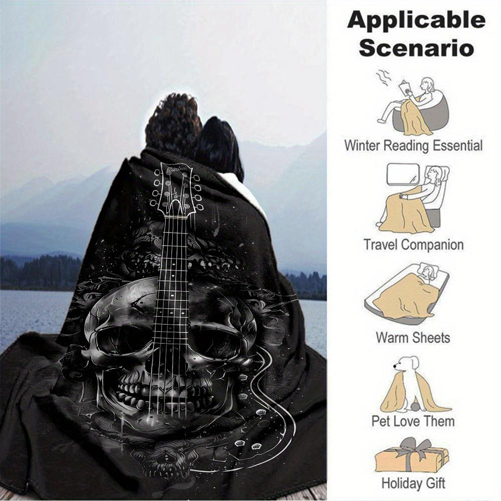 

1pc Flannel Blanket, Guitar,Skull,Artwork Pattern Printed Blanket, Sofa Bed Sofa Car Office Camping Travel Warm And Comfortable Soft Blanket 150x180cm